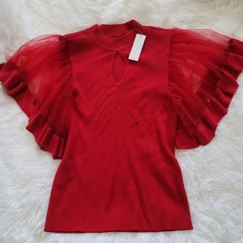 New York & Company red ribbed with butterfly sleeves high neck - Picture 12 of 13